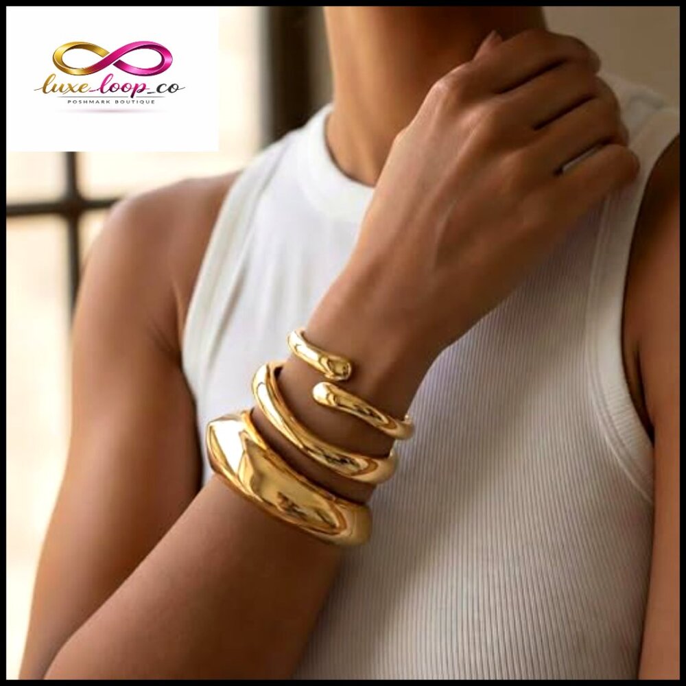 Chunky Statement Bangle Bracelets Stack Gold Plat… - image 4